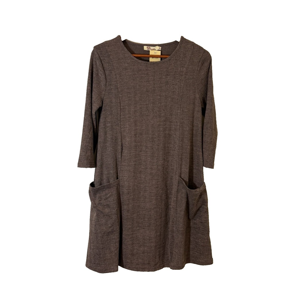 Aryeh Womens Ribbed Shift Dress Womens Size M Brown Pockets Casual Lagenlook